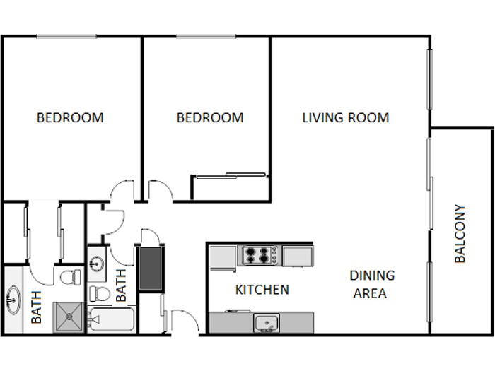 Floor plan for 2 beds, 2 baths, 1165 sqft